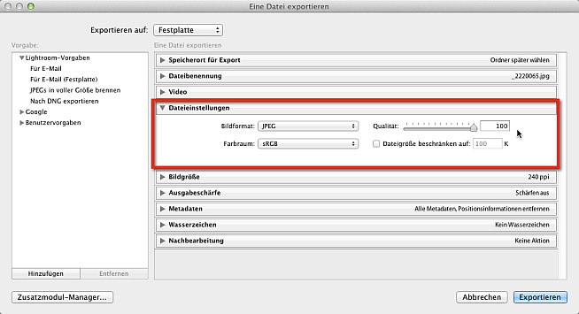 Lightroom Export für Fotobuch Dateieinstellungen