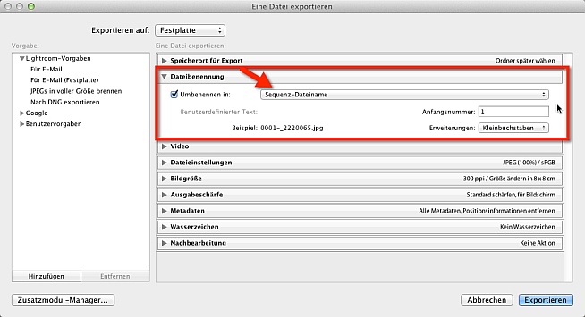 Lightroom Export Dateiname