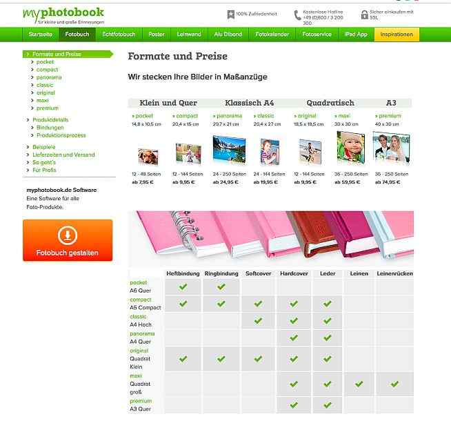 myphotobook Website Formatübersicht